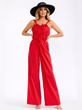 Red Wide-Leg Jumpsuit with Adjustable Drawstring